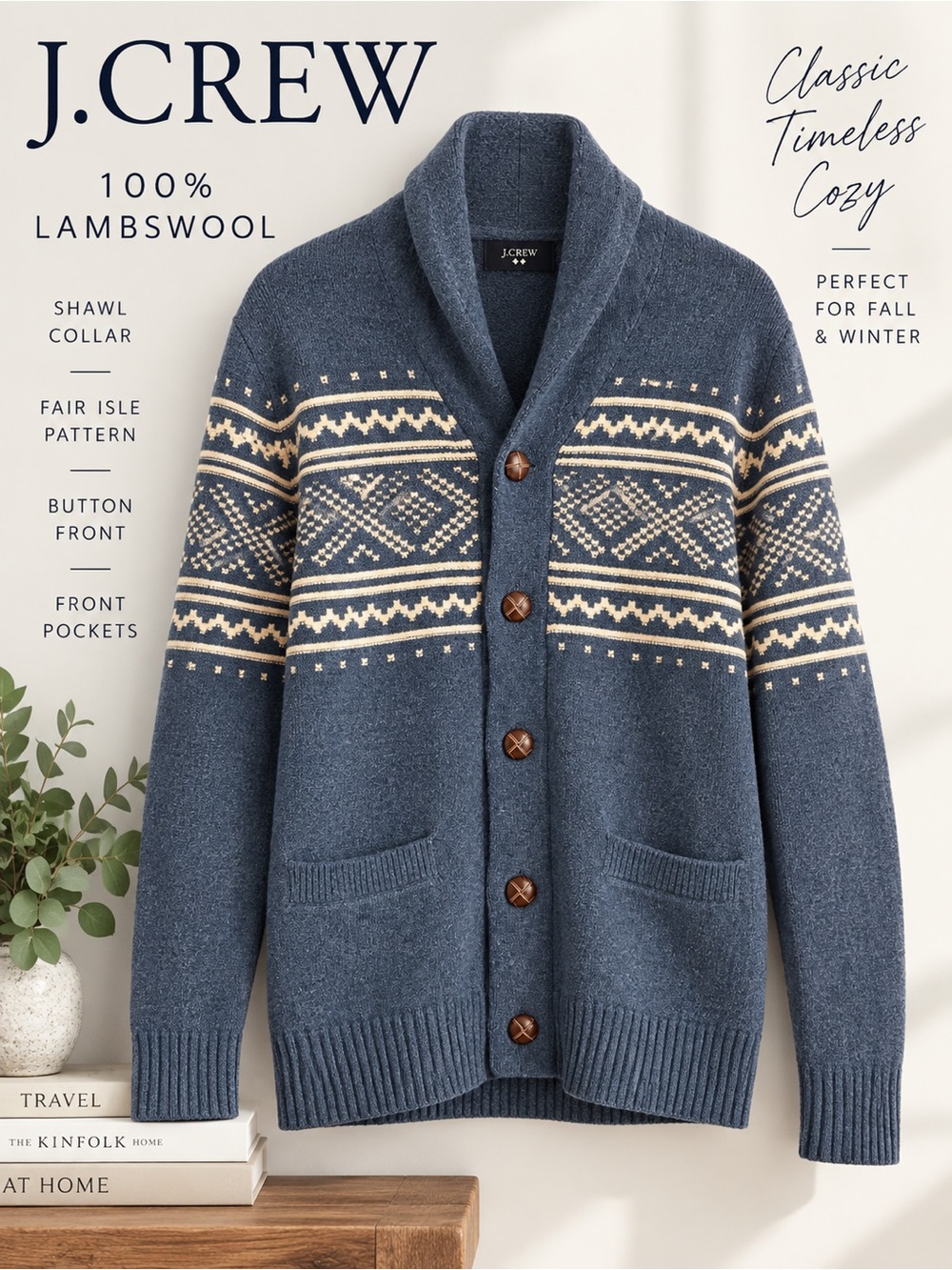 J. Crew 100% Lambswool Fair Isle Shawl Collar Cardigan Sweater Blue M